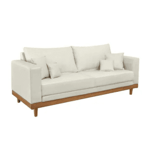 Sofá Living 3 Lugares Linho Resistente Madeira + Almofadas - Bege