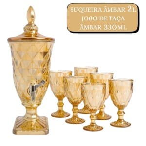 Suqueira de Vidro 2L ou 6 Taças 340ML Âmbar Designer Diamante ou Kit Taça + Suqueira Premium
